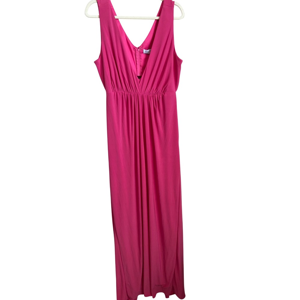 Mac Duggal 68536HOT Hot Pink Ruched V-Neck Open Cowl Back Maxi Gown 16W NEW